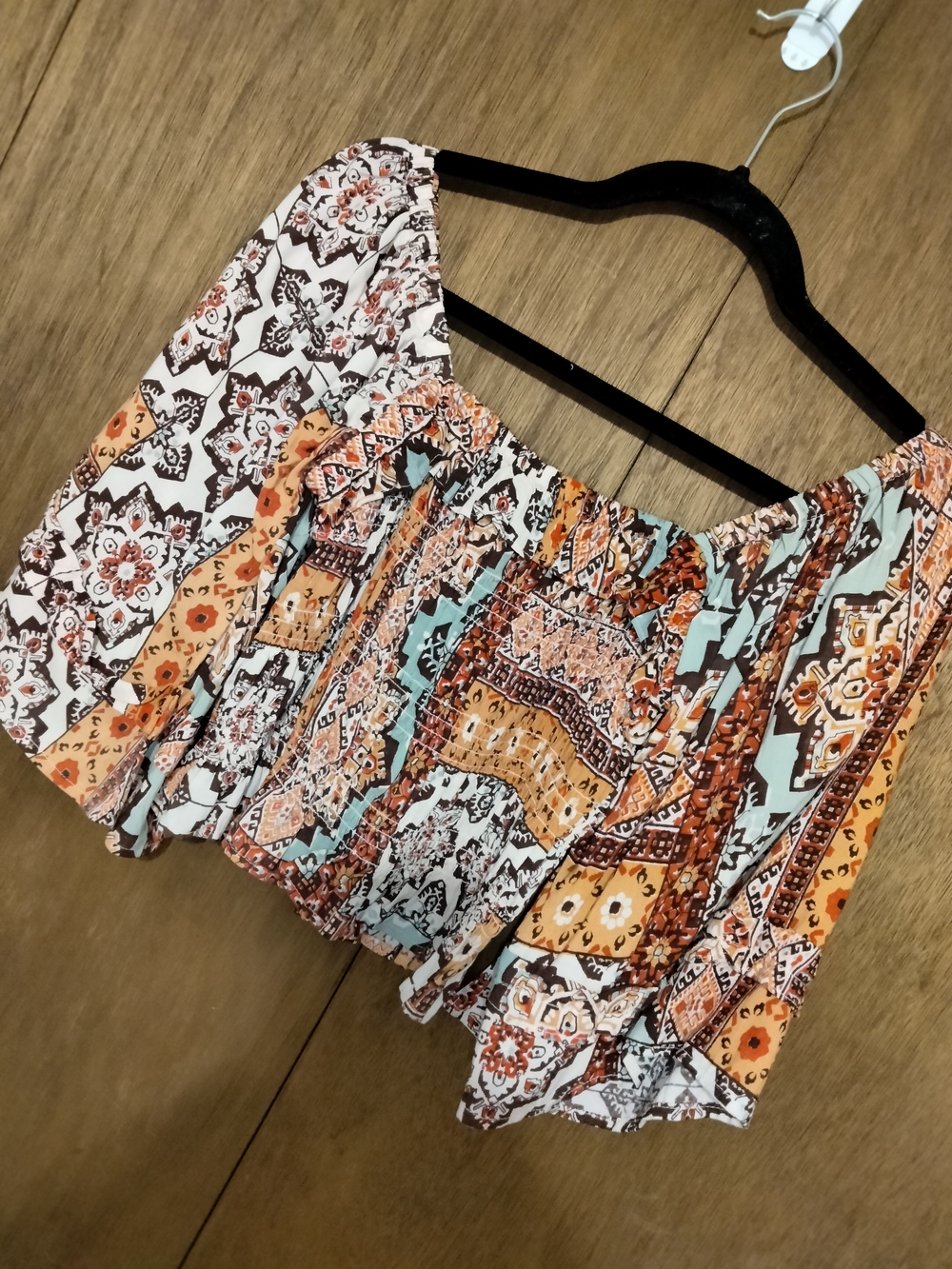 Angie Multi-Print Off-Shoulder Crop Top in Orange, Teal & Brown